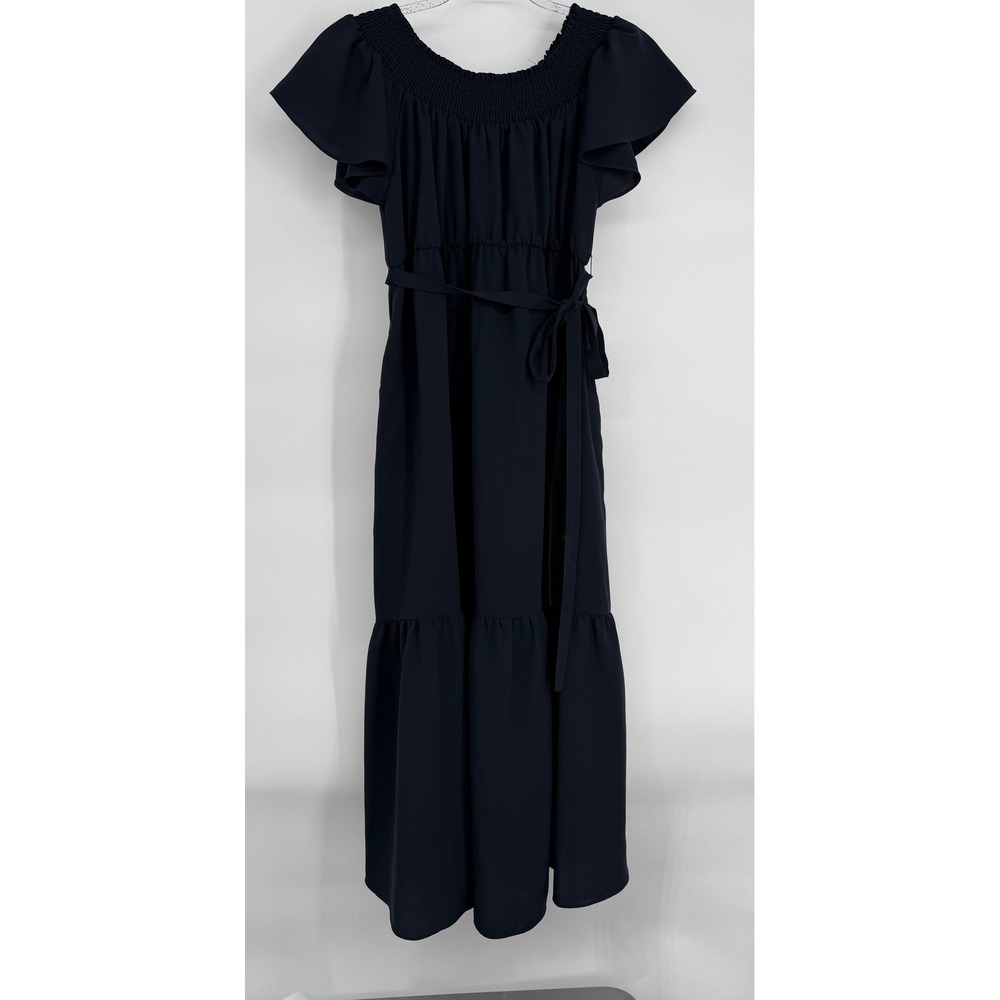 Alex Marie Navy Blue Smocked Off Shoulder Flutter Sleeve Tiered Maxi Dress Sz S